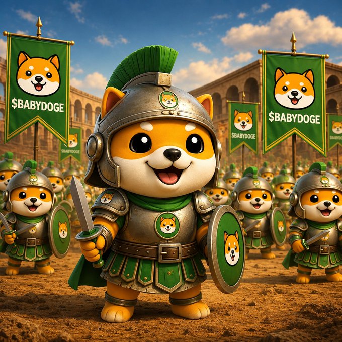 A 3D-rendered illustration of an army of Shiba Inu dog characters dressed as Roman-style soldiers with green and silver armor, holding banners labeled '$BABYDOGE'.