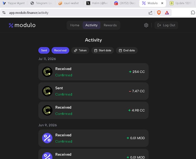A screenshot of the Modulo wallet activity page (app.modulo.finance/activity) showing recent transactions, including received funds of +254 CC and +4.98 CC, a sent transaction of −7.47 CC on Jul 11, 2026, and two received MOD tokens (+0.01 MOD each) on Jun 9, 2026, all marked as Confirmed.