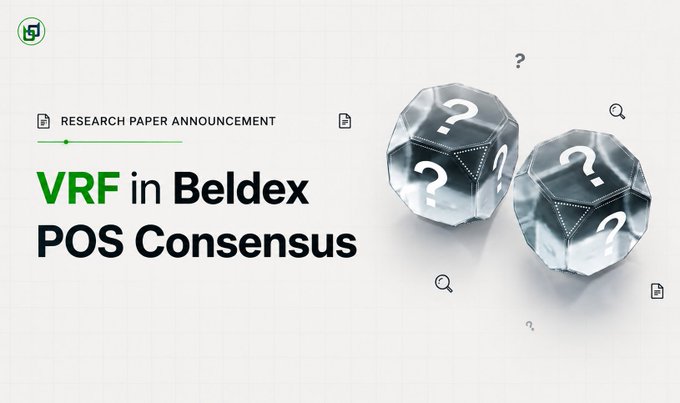 A white graphic announces a 'RESEARCH PAPER ANNOUNCEMENT' titled 'VRF in Beldex POS Consensus', accompanied by two glass-like dice with question marks.