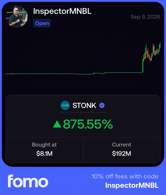 A promotional graphic for 'fomo' showing a portfolio for 'InspectorMNBL' opened on Sep 9, 2026, featuring a candlestick chart and a position in $STONK with an 875.55% gain, bought at $8.1M and currently valued at $192M.