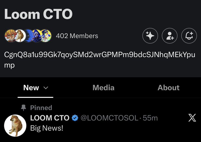 Twitter/X community page for 'Loom CTO' with 402 members, showing a pinned tweet from @LOOMCTOSOL saying 'Big News!' posted 55 minutes ago, along with a Solana contract address.