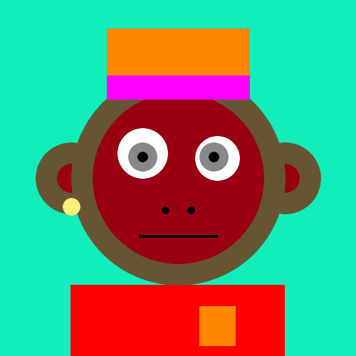 A colorful, minimalist digital illustration of a character's face with brown skin, a neutral expression, wearing an orange, pink, and brown headpiece and a gold earring.