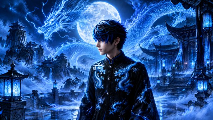 A digital illustration of a young man with blue hair in a dragon-embroidered jacket, standing before a glowing dragon, a full moon, and traditional Asian architecture.