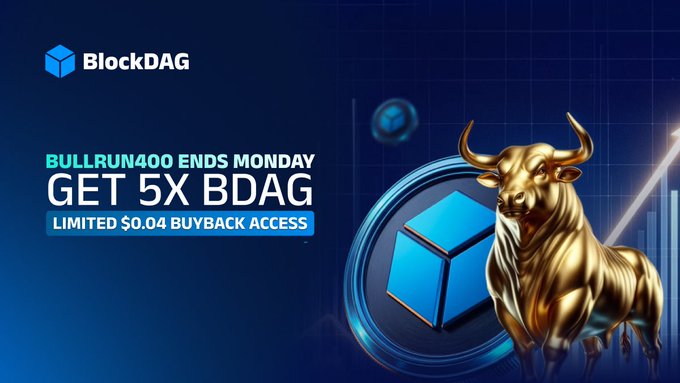 A BlockDAG promotional graphic featuring a gold bull statue beside a blue BDAG coin, with text reading "BULLRUN400 ENDS MONDAY," "GET 5X BDAG," and "LIMITED $0.04 BUYBACK ACCESS," reinforcing the accompanying post's urgent message about the expiring 5X BDAG multiplier bonus.