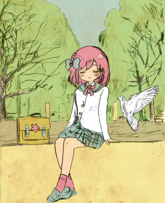 An anime-style illustration shows a pink-haired girl in a school uniform with closed eyes, sitting peacefully in a park beside a yellow satchel as a white dove flies near her—a charming piece of NFT artwork titled "dropchan at the park," serving as a tribute to a collection on xrpcafe.