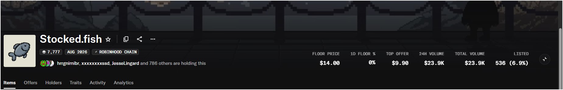 An NFT listing for 'Stocked.fish' on the Robinhood Chain, showing 7,777 items with a floor price of $14.00 and 24H volume of $23.9K.
