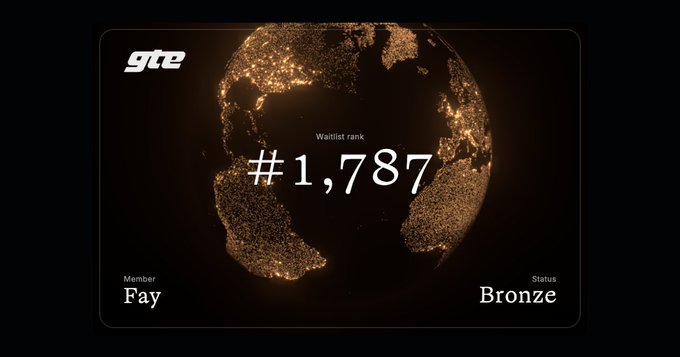 A GTE member profile card showing 'Fay' with a Bronze status and a wallet rank of #1,787 over a glowing globe background.