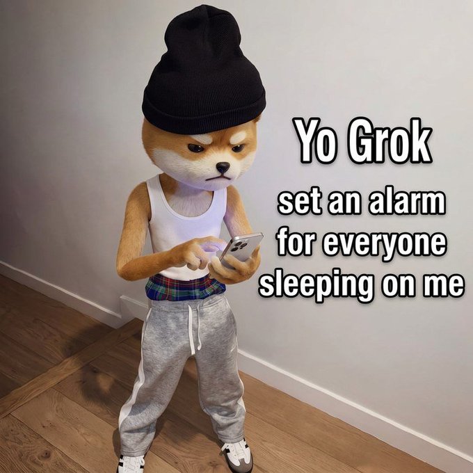 A Shiba Inu dog wearing a black beanie, white tank top, plaid shirt, and gray sweatpants, looking angrily at a smartphone. Text reads: 'Yo Grok set an alarm for everyone sleeping on me'