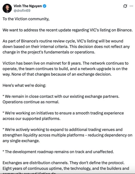 A tweet from Vinh The Nguyen (@drofin69) addressing the Viction community about VIC's delisting from Binance, stating the decision doesn't reflect project fundamentals and outlining their response including expanding to other trading venues.