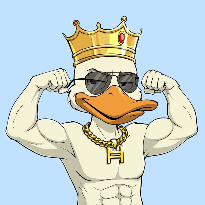Cartoon illustration of a muscular white duck wearing a golden crown, dark sunglasses, and a gold chain necklace with an 'H' pendant, flexing its biceps.