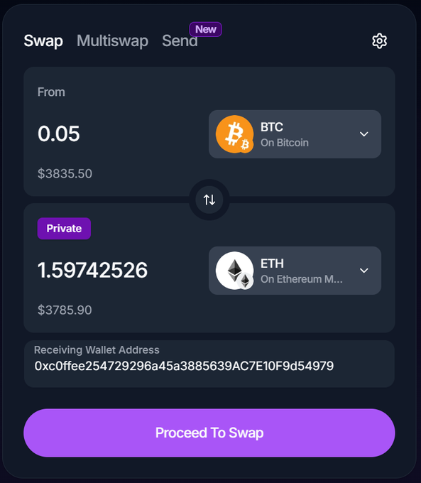 A crypto swap interface on Houdini Swap shows 0.05 BTC ($3,835.50) being exchanged for 1.59742526 ETH ($3,785.90) via a private transaction, with the "Proceed To Swap" button highlighted in purple—illustrating the post's call to privately rotate BTC to ETH.