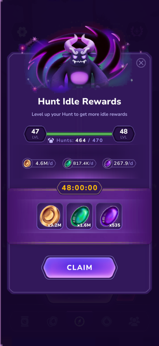 A mobile game 'Hunt Idle Rewards' screen at level 47, showing 464/470 Hunts completed, rewards of 4.6M coins, 817.4K, and 267.9d, with a 48:00:00 timer and a purple CLAIM button.