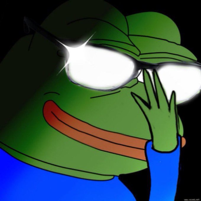 A cartoon image of a green frog wearing glasses, with glowing white eyes, pushing up its glasses with its hand and smiling mischievously against a black background.