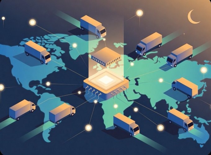 An illustrated isometric graphic shows delivery trucks connected across a world map with a central glowing microchip and a crescent moon.