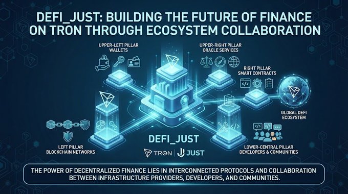 An infographic titled 'DEFI_JUST: BUILDING THE FUTURE OF FINANCE ON TRON THROUGH ECOSYSTEM COLLABORATION' illustrates the DeFi ecosystem on the TRON blockchain with various pillars including wallets, oracle services, smart contracts, blockchain networks, and developer communities.