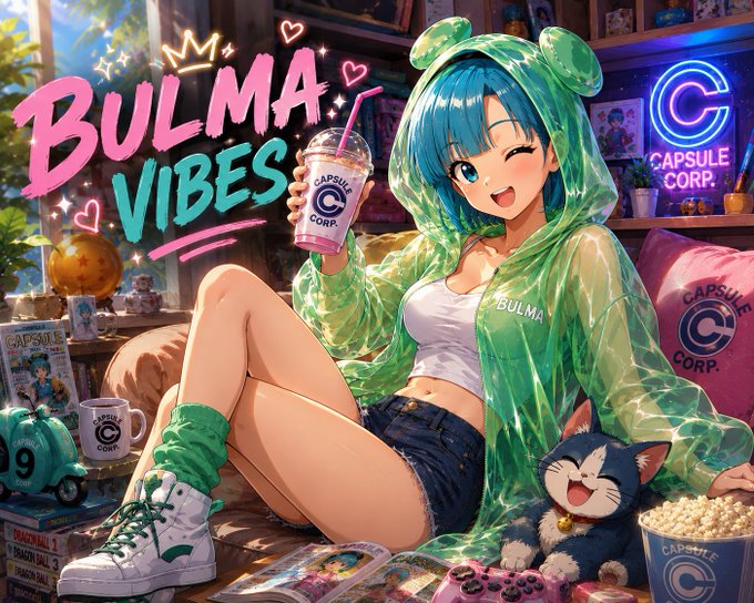 An anime-style illustration titled 'BULMA VIBES' featuring a character with blue hair in a green frog hoodie holding a 'Capsule Corp' drink, surrounded by Capsule Corp merchandise.
