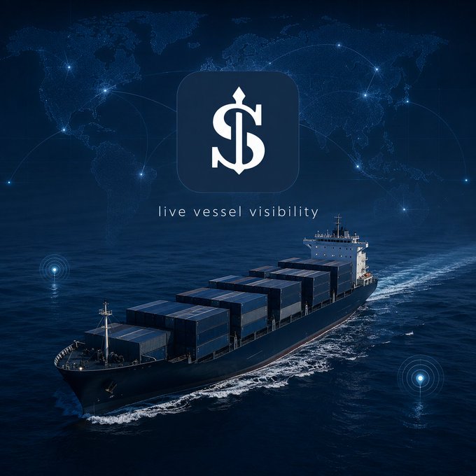 A promotional graphic featuring a large container ship at sea with a dollar-sign anchor logo and the text 'live vessel visibility' against a dark blue world map background with glowing connection points.