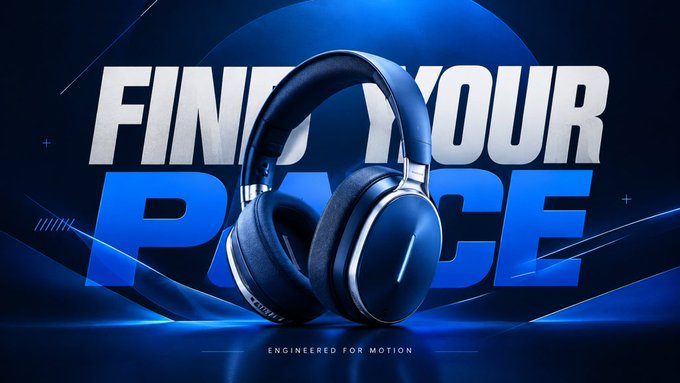 A promotional graphic for headphones with the text 'FIND YOUR PACE' and 'ENGINEERED FOR MOTION' set against a dynamic blue background.