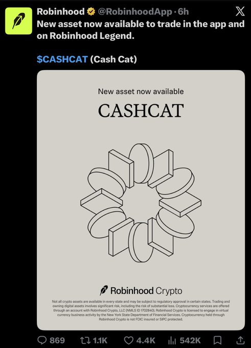 A Twitter post from Robinhood (@RobinhoodApp) announcing the availability of a new cryptocurrency asset called "$CASHCAT (Cash Cat)" on the Robinhood Legend app.
