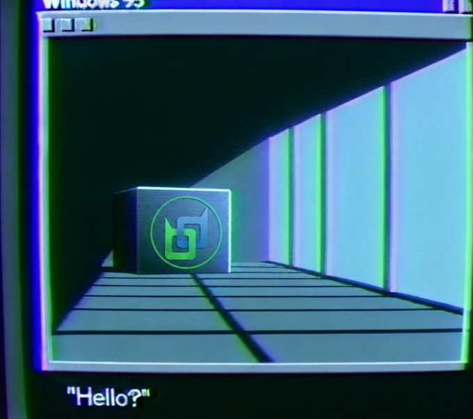 The image shows a retro-styled computer window labeled "Windows 95" displaying a green Beldex (BDX) logo cube inside a corridor, with the dialogue "Hello?" displayed below. This visual ties to the post's message by using the iconic "Hello?" startup screen as a metaphor for introducing Beldex's privacy-focused ecosystem built from the ground up, emphasizing that true anonymity—like this classic, foundational software—must be embedded at the core rather than retrofitted.