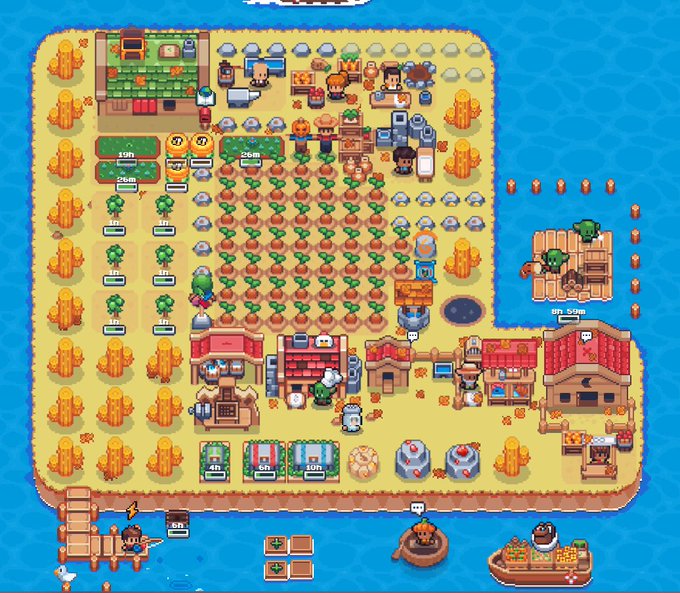 A pixel art screenshot from a farming or town-building simulation game, showing a sandy island with crop fields, buildings, characters, and docked ships surrounded by blue water.