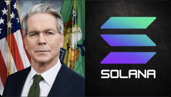 The image features a man in a dark suit standing in front of American and U.S. Treasury flags, positioned next to the purple and teal Solana logo, visually connecting the Treasury debt buyback news to bullish sentiment for SOLANA ($SOL).