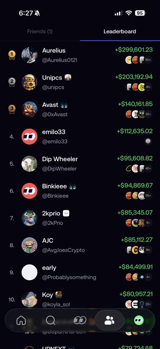 A leaderboard screenshot from the Fomo app displays the top 10 traders ranked by P&L, with "Aurelius" (@Aurelius0121) in first place at +$299,601.23, followed by "unipcs" at +$203,192.94 and "Avast" at +$140,161.85. The image illustrates the top-performing traders on the Fomo platform, presumably being compared to PumpFun in the original post.