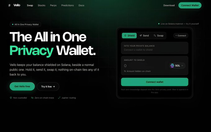 Marketing page for 'Velio' promoting it as 'The All in One Privacy Wallet' on Solana, featuring features like 'Non-custodial', 'Zero on-chain trace', and 'Jupiter routing' alongside a wallet interface mockup.