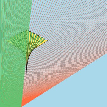An abstract digital artwork featuring overlapping colored sections of green, red, and blue, textured with fine linear patterns and converging geometric lines.