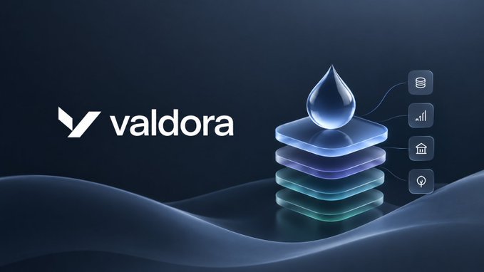 A promotional banner for 'valdora' features a stylized water drop logo on stacked translucent platforms, with icons for database, analytics, housing, and AI on the right side.