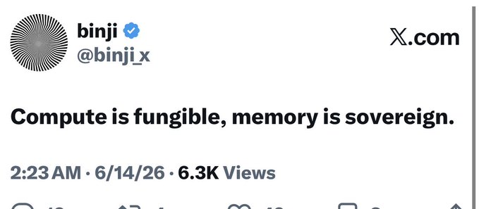 The image features a post by Binji, who has tagged himself with a Twitter account. The post includes a screenshot of a white sign that reads "Compute is fungal, memory is Sovereign." This message seems to be related to the job title of Google Head of Decentralized Infrastructure. The post also mentions that Binji's future job title could be something like "Google Head of Decentralized Infrastructure".