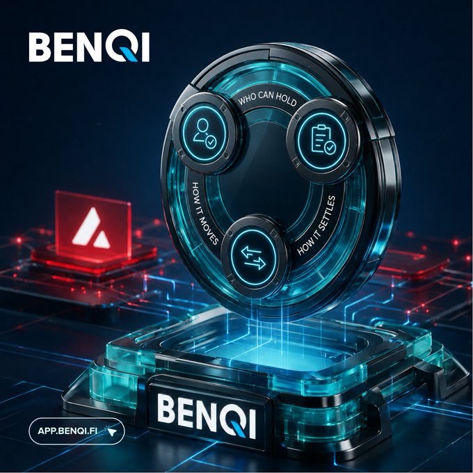 A futuristic BENQI cryptocurrency promotional graphic featuring a glowing circular device with icons labeled 'WHO CAN HOLD', 'HOW IT MOVES', and 'HOW IT SETTLES' on a neon-lit platform.