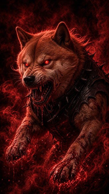 A digital artwork of a fierce, snarling wolf with glowing red eyes and blood on its paws, wearing spiked dark armor against a smoky red background.
