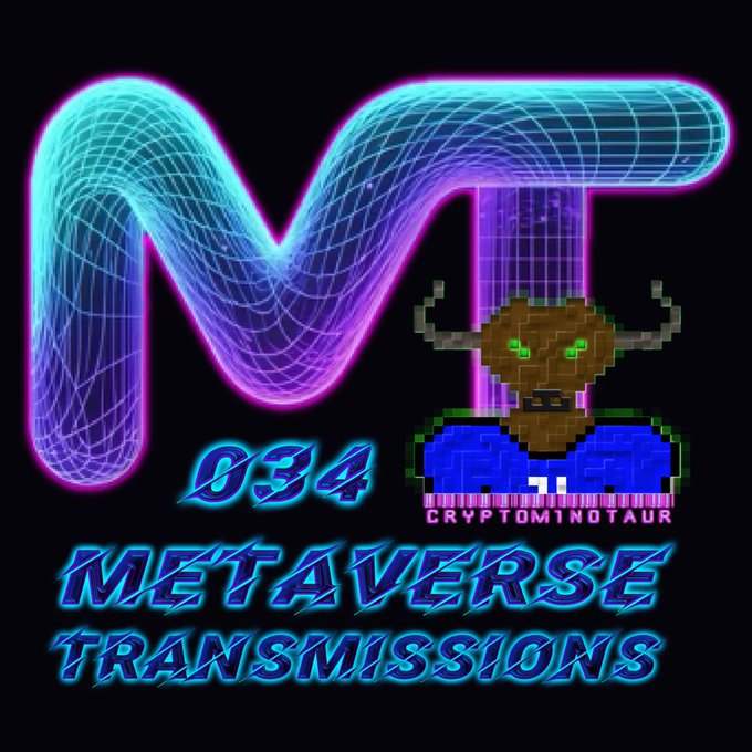 Neon retro-style graphic for 'MT 034 METAVERSE TRANSMISSIONS' featuring a 'CRYPTOMINOTAUR' pixelated creature in a football jersey.