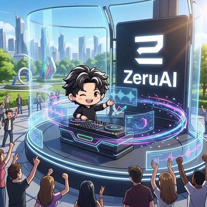 An animated illustration of a chibi-style DJ performing on a futuristic stage with a 'ZeruAI' logo displayed on a large screen, with a crowd cheering in front of a city skyline.