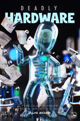 A movie poster titled "DEADLY HARDWARE" featuring a translucent, glowing blue humanoid figure surrounded by floating hardware components.