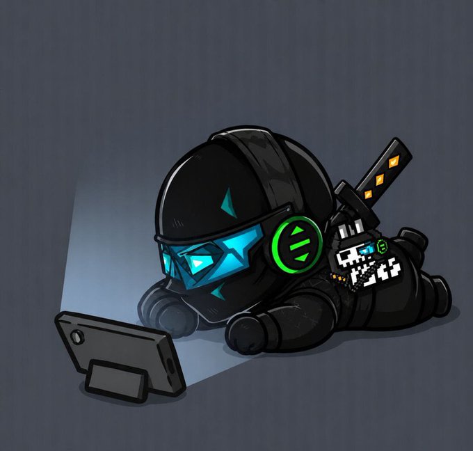A cartoon-style illustration of a chibi tactical operator wearing a helmet with a blue visor and a green logo, lying on the ground while using a smartphone.