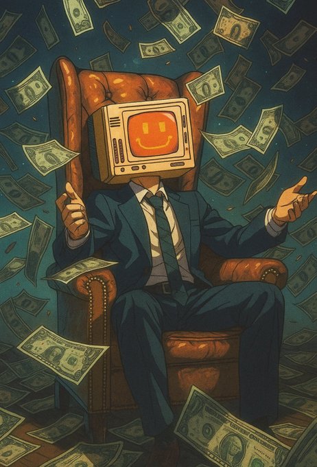 A businessman with a retro TV displaying a smiley face sits in a leather armchair, surrounded by a rain of dollar bills in this stylized illustration. The image complements the post's message by visually representing the excitement and abundance of claiming $BNKR rewards through @bankrbot.