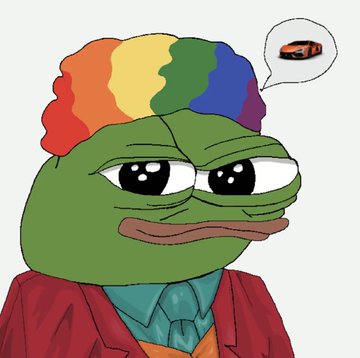 A cartoon drawing depicts a sad Pepe the Frog character wearing a red robe and a rainbow-colored wig, with a thought bubble showing a red sports car.