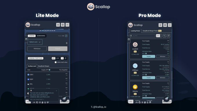 Promotional graphic for Scallop crypto platform showing a side-by-side comparison of "Lite Mode" and "Pro Mode" interfaces, with the Lite Mode featuring lending/borrowing and lending/portfolio sections, and Pro Mode showing detailed supply metrics for sCAKE, USDWa, and other tokens. The X handle @scallop_io is displayed at the bottom.