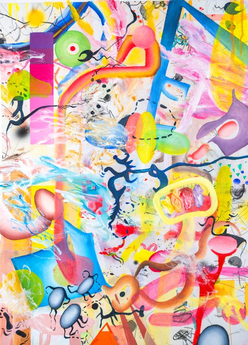 The image features a painting with an abstract design, which includes various shapes and colors such as pink, blue, yellow, green, orange, white, black, red, and purple. The artwork appears to be a collage of different elements that create a visually striking piece. The painting is displayed on canvas or paper, making it accessible for viewers to appreciate the artist's creativity and skill in blending these colors and shapes together.
