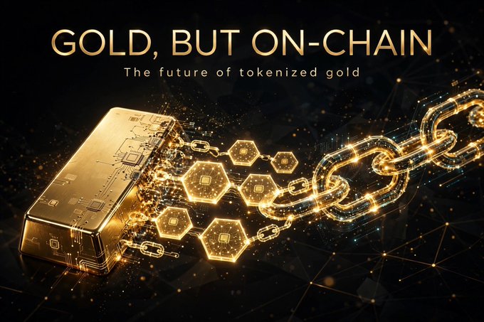 A promotional graphic with the text 'GOLD, BUT ON-CHAIN' and subtitle 'The future of tokenized gold.' It depicts a gold bar transforming into digital golden hexagons and blockchain links.