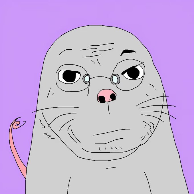 A gray, wrinkled cartoon creature (resembling a naked mole rat) with droopy eyes and round glasses stares unimpressed against a purple background. The image pairs with the caption to humorously convey the "this is fine" reaction of someone who minted only 13 NFTs from @hrdumpsterclub only to watch them 10x overnight.