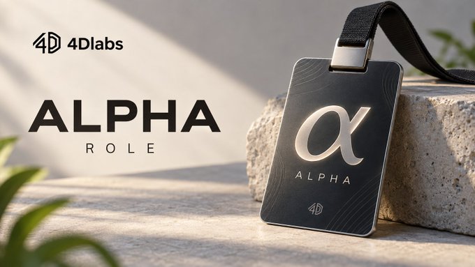 Promotional graphic for 4Dlabs' 'ALPHA ROLE' displaying a sleek black badge with the alpha symbol (α) hanging from a lanyard against a stone background.