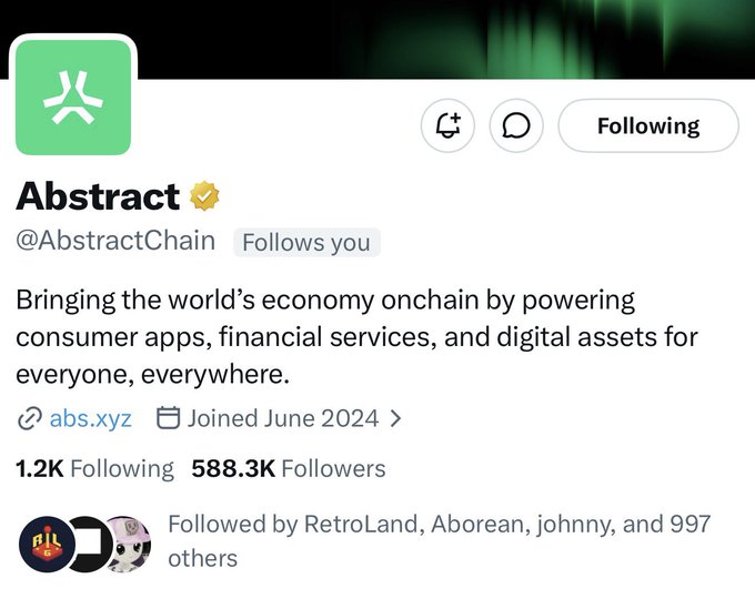 The image shows a Twitter/X profile for Abstract (@AbstractChain), a verified account with 588.3K followers and a bio describing it as "Bringing the world's economy onchain by powering consumer apps, financial services, and digital assets for everyone, everywhere," with a link to abs.xyz. The profile relates to the post by confirming Abstract as one of the protocols that has hinted at an upcoming airdrop, which the author suggests is increasingly likely to occur this year if Robinhood L2 continues gaining traction.