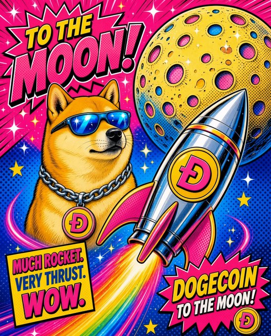A colorful pop-art Dogecoin poster shows a Shiba Inu in sunglasses beside a rocket flying toward a cratered moon. Visible text includes “TO THE MOON!,” “MUCH ROCKET. VERY THRUST. WOW.,” and “DOGECOIN TO THE MOON!”