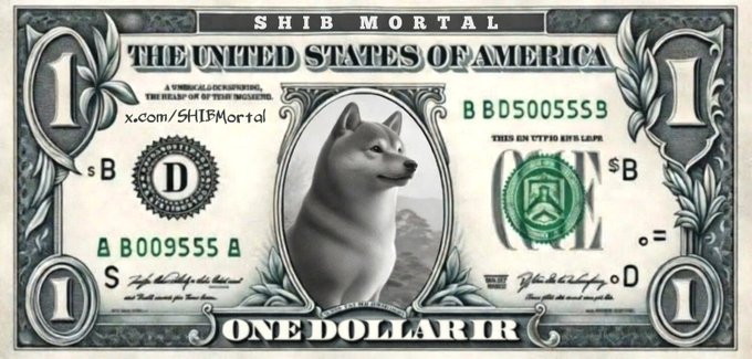 A modified one-dollar bill featuring a Shiba Inu dog in place of George Washington, branded with "SHIB MORTAL" and "ONE DOLLAR IR" text, promoting the website x.com/SHIBMortal. The image visually reinforces the poll question about whether the $SHIB cryptocurrency will reach a value of one dollar.