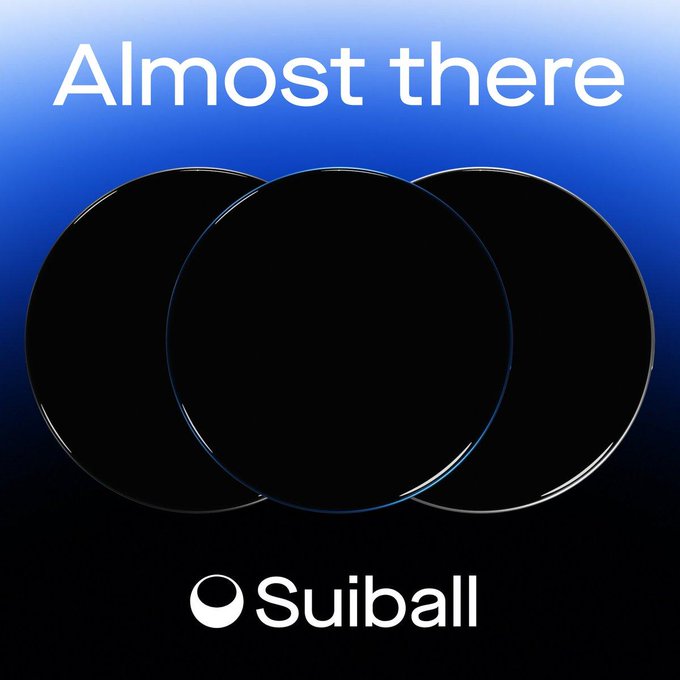 A dark-themed promotional image with the text 'Almost there' and three black circles, branded with the 'SuiBall' logo.
