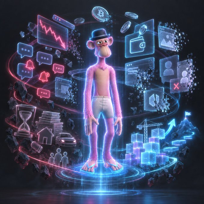 A digital illustration featuring a pink monkey character wearing a top hat and white shorts, surrounded by floating cryptocurrency-themed icons including Bitcoin coins, charts, chat bubbles, and a building with a growth arrow.