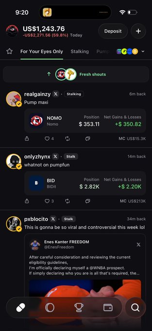 This is a screenshot of a cryptocurrency trading app showing a current balance of US$1,243.76 with recent trades in NOMO and BID, and the user is aiming for a $1M account.